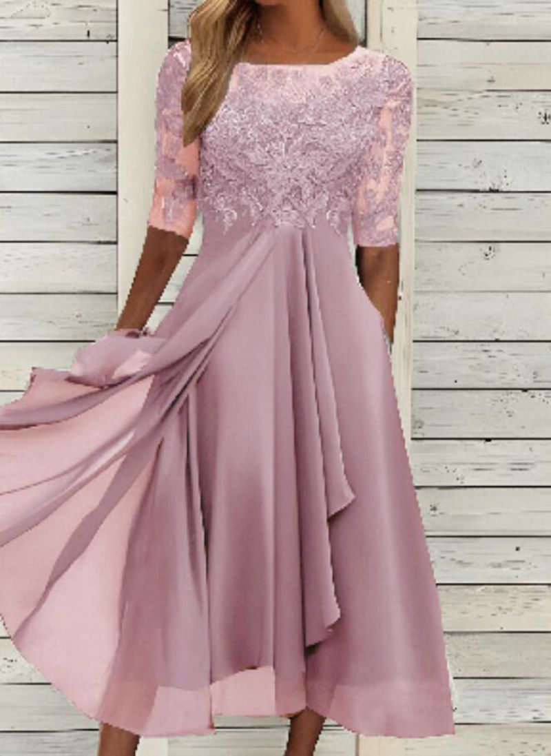 Robe midi chic en chiffon avec dentelle et manches