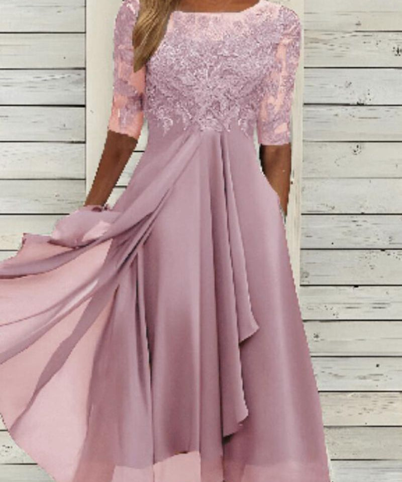 Robe midi chic en chiffon avec dentelle et manches