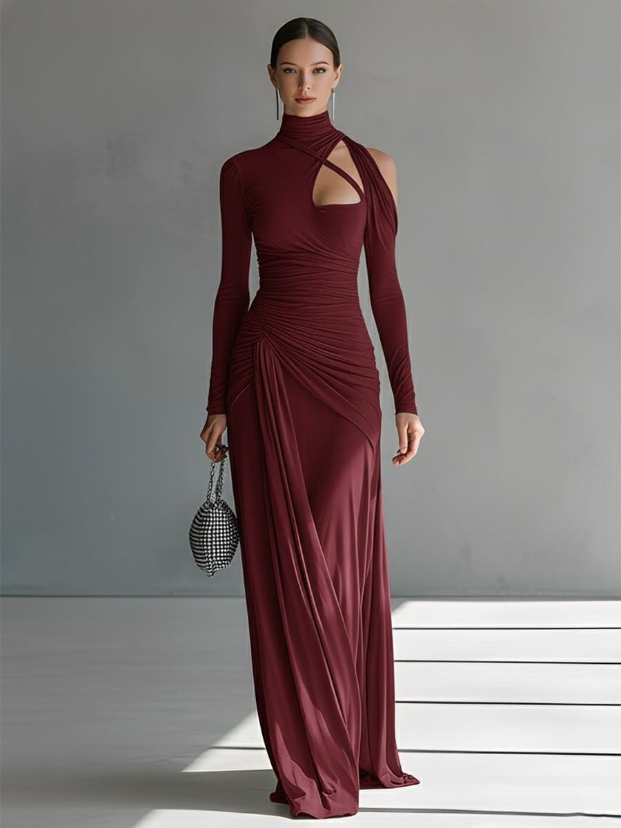 Robe Maxi Élégante en Satin Gris avec Détails Froncés et Découpes pour Femmes