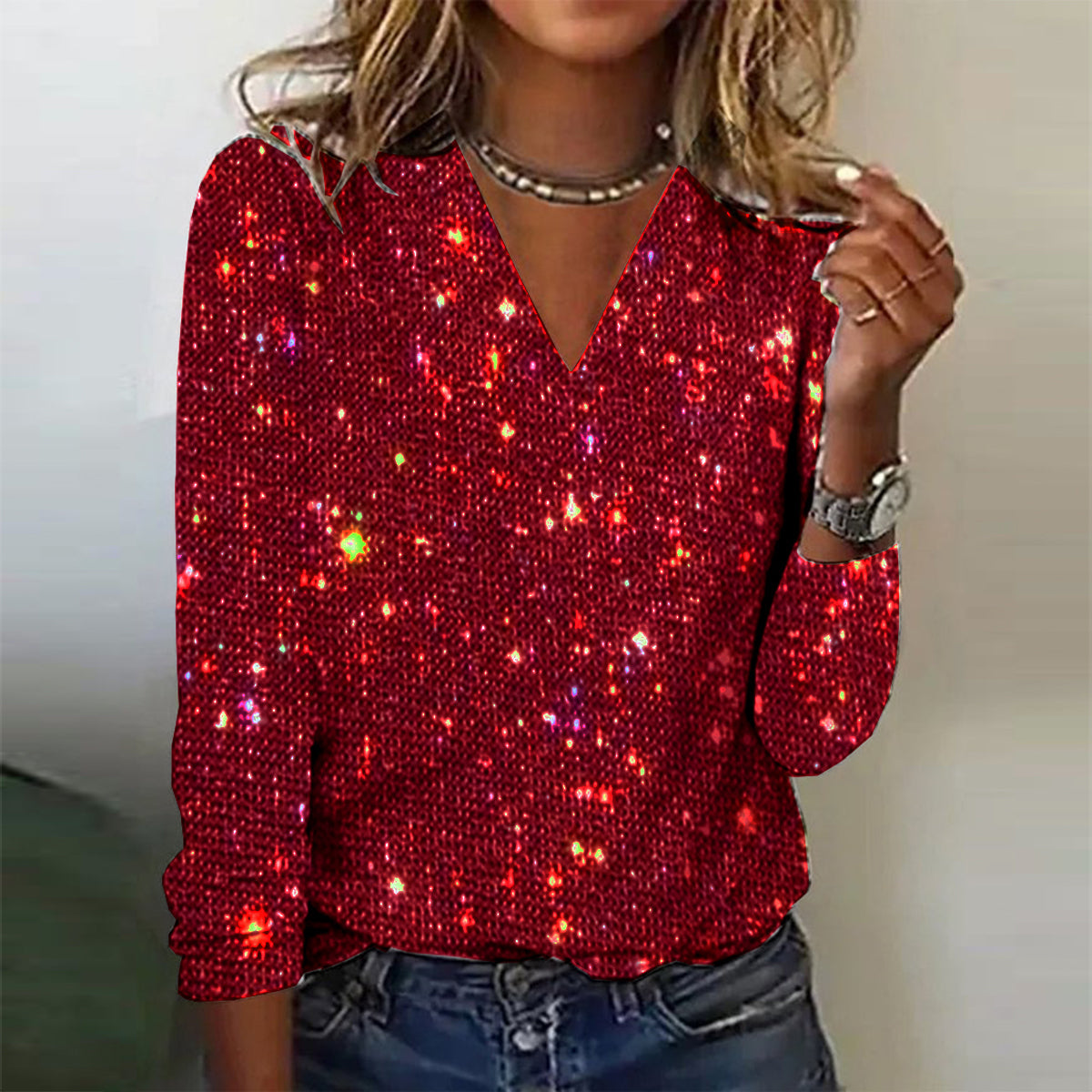 Blouse Éclatante Femme Décolleté V Manches Longues Élégante