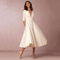 Robe miidi femme élégante – A-ligne, décolleté en V, manches 3/4