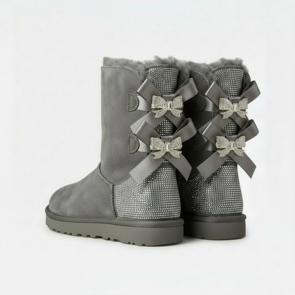 Sparkle Bow Boots Winter Suede Boots with Bow and Glittering Details
