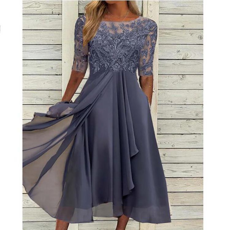 Robe midi chic en chiffon avec dentelle et manches