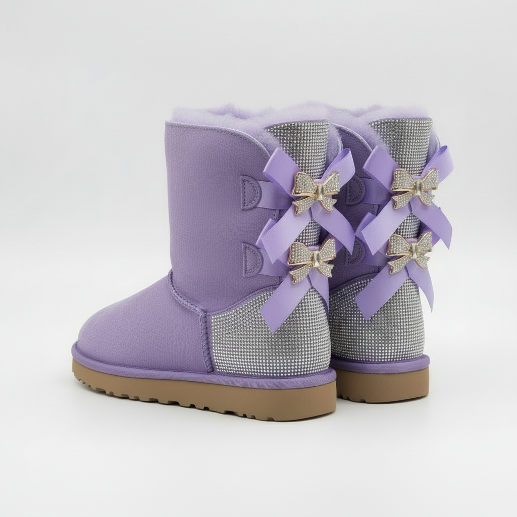 Sparkle Bow Boots Winter Suede Boots with Bow and Glittering Details