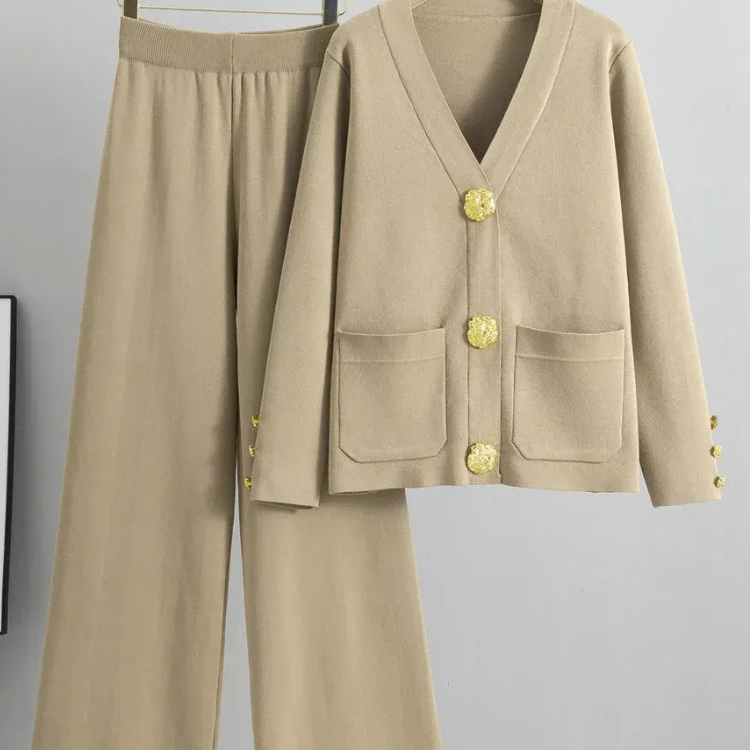 Ensemble Chic en Maille avec Cardigan à Col V et Pantalon Assorti