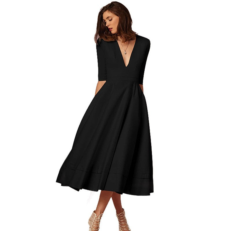 Robe miidi femme élégante – A-ligne, décolleté en V, manches 3/4