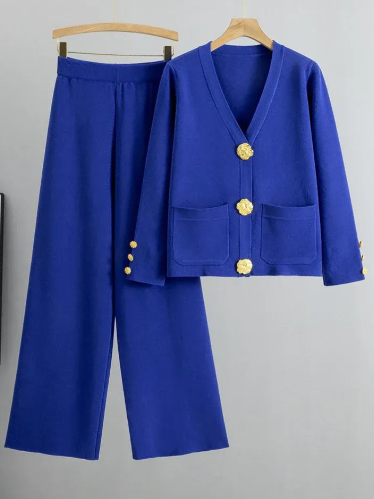 Ensemble Chic en Maille avec Cardigan à Col V et Pantalon Assorti