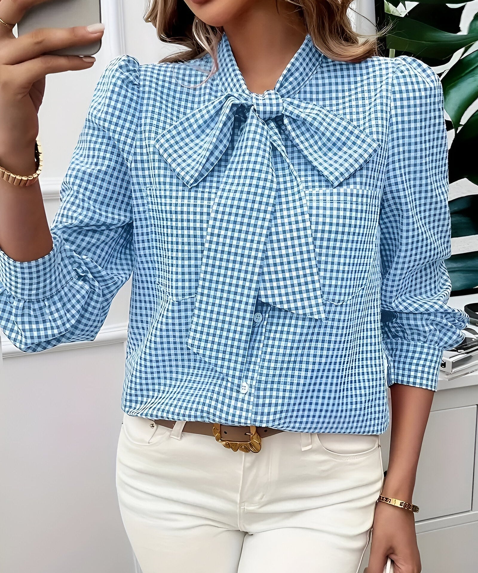 Blouse à Carreaux Élégante Femme avec Détail Nœud