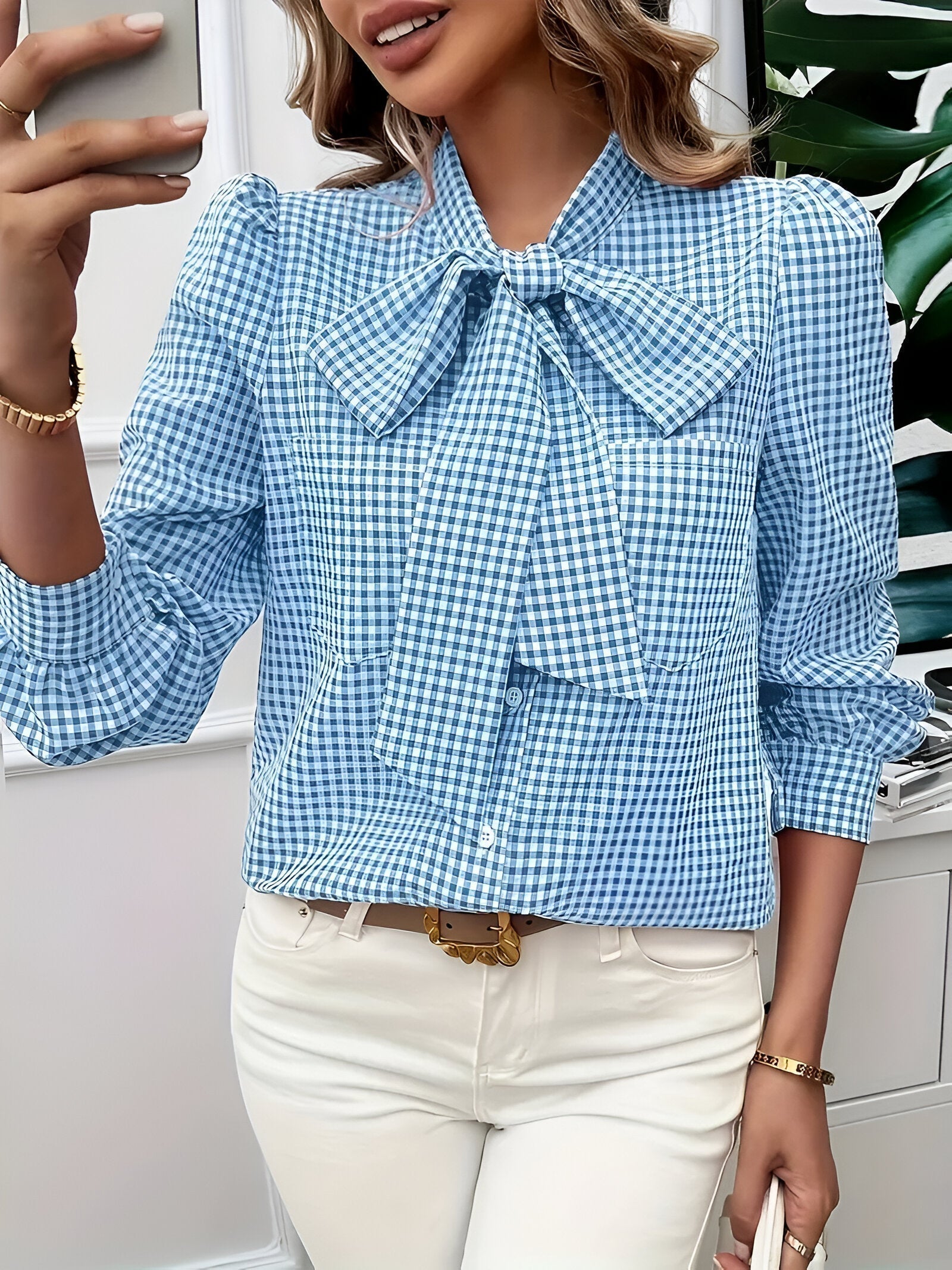 Blouse à Carreaux Élégante Femme avec Détail Nœud