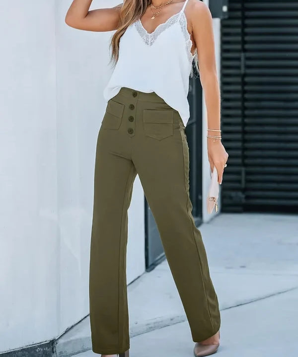 Pantalon Taille Haute Extensible pour Femme – Poches Latérales Chic