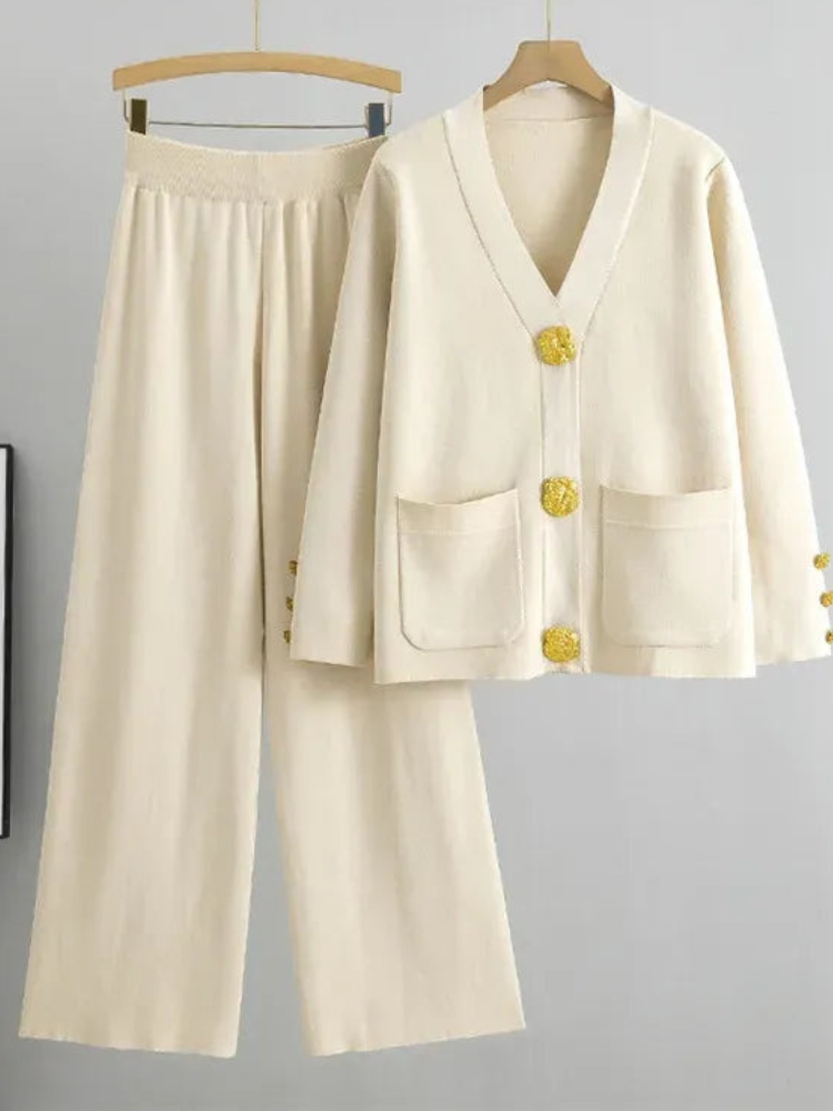 Ensemble Chic en Maille avec Cardigan à Col V et Pantalon Assorti