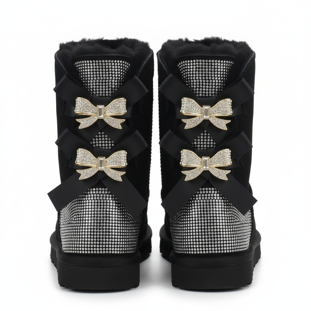 Sparkle Bow Boots Winter Suede Boots with Bow and Glittering Details