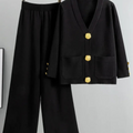 Ensemble Chic en Maille avec Cardigan à Col V et Pantalon Assorti