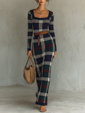 Robe maxi en tricot à carreaux minimaliste pour femmes avec ceinture