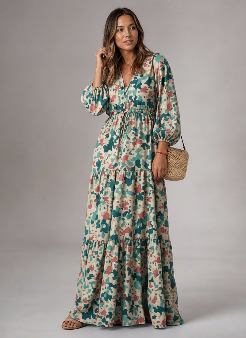 Robe Longue Décolleté V Floral - Look Élégant et Estival