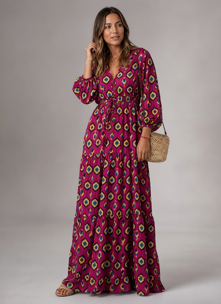 Robe Longue Décolleté V Floral - Look Élégant et Estival