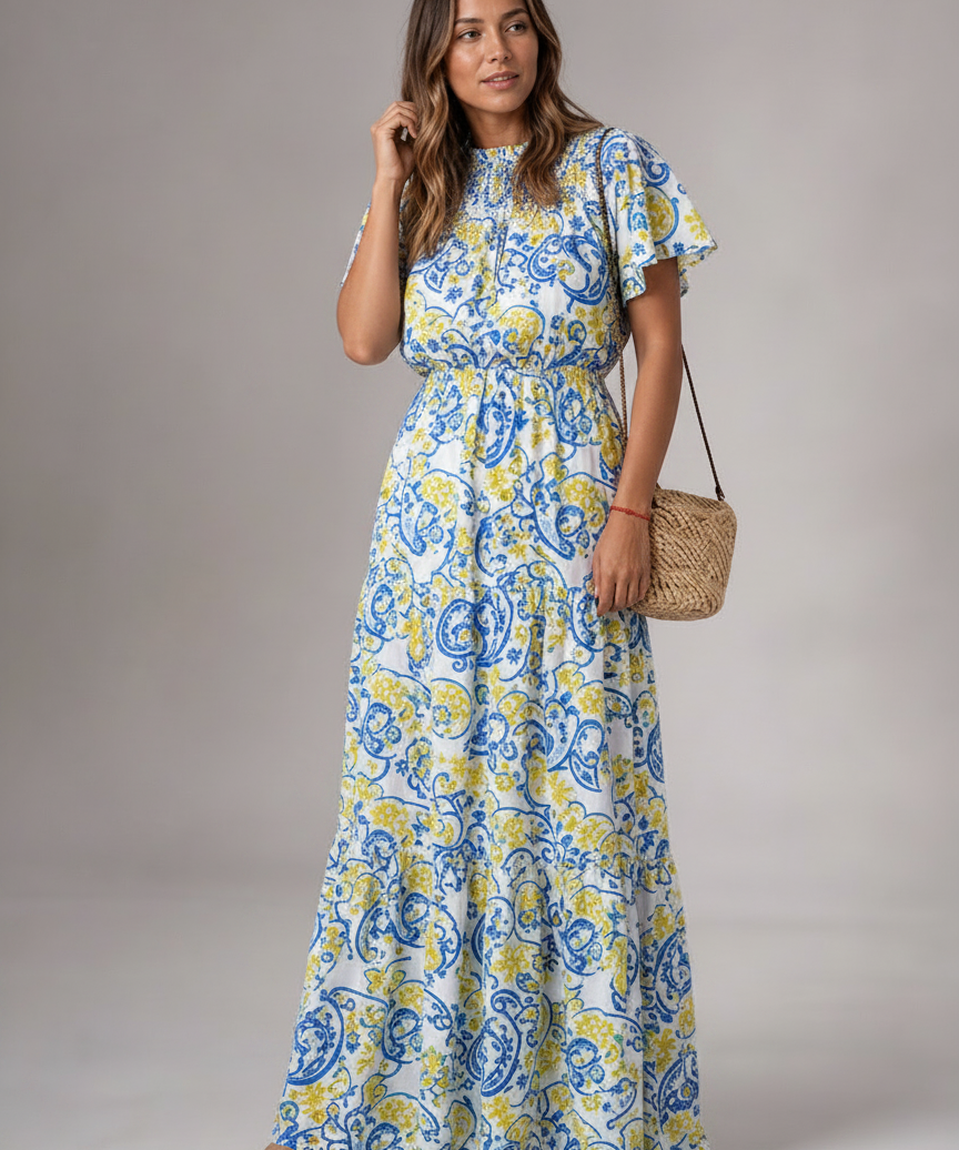 Robe Longue Décolleté V Floral - Look Élégant et Estival