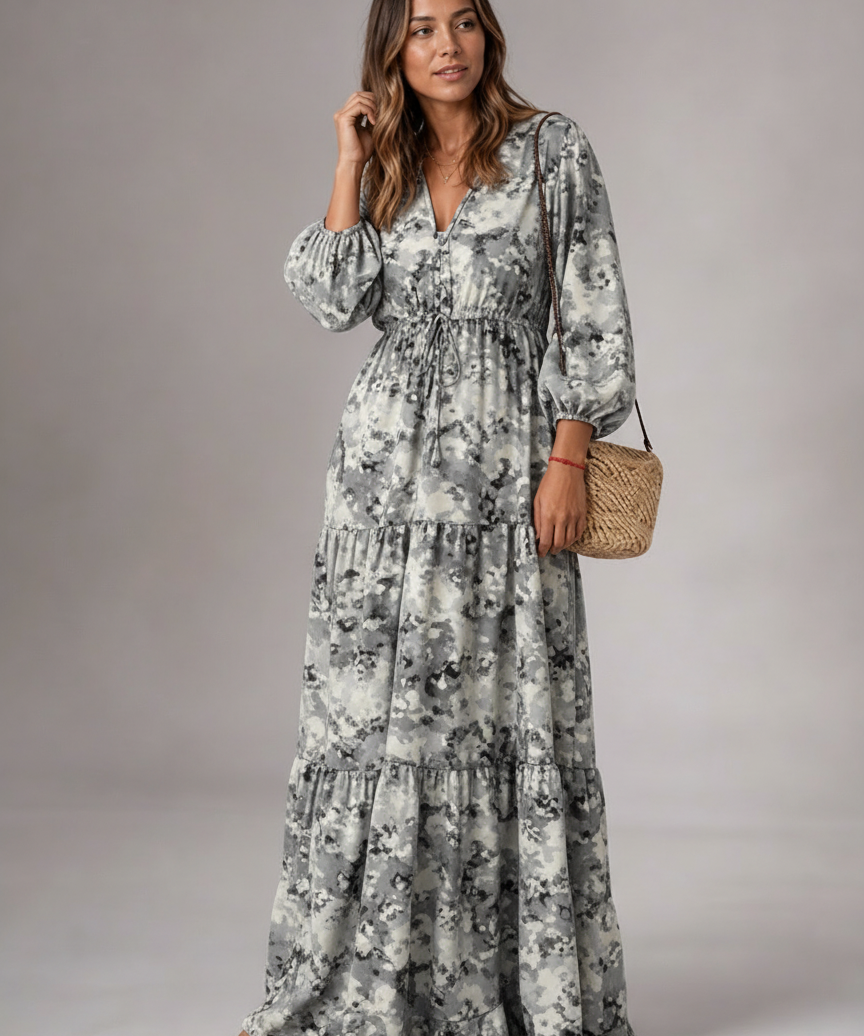 Robe Longue Décolleté V Floral - Look Élégant et Estival