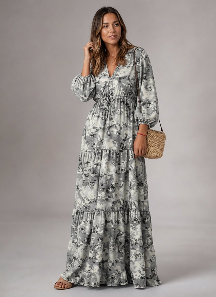 Robe Longue Décolleté V Floral - Look Élégant et Estival