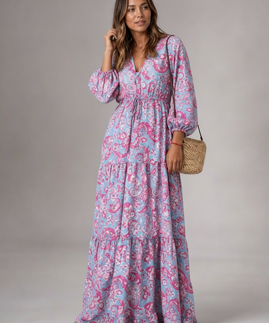 Robe Longue Décolleté V Floral - Look Élégant et Estival