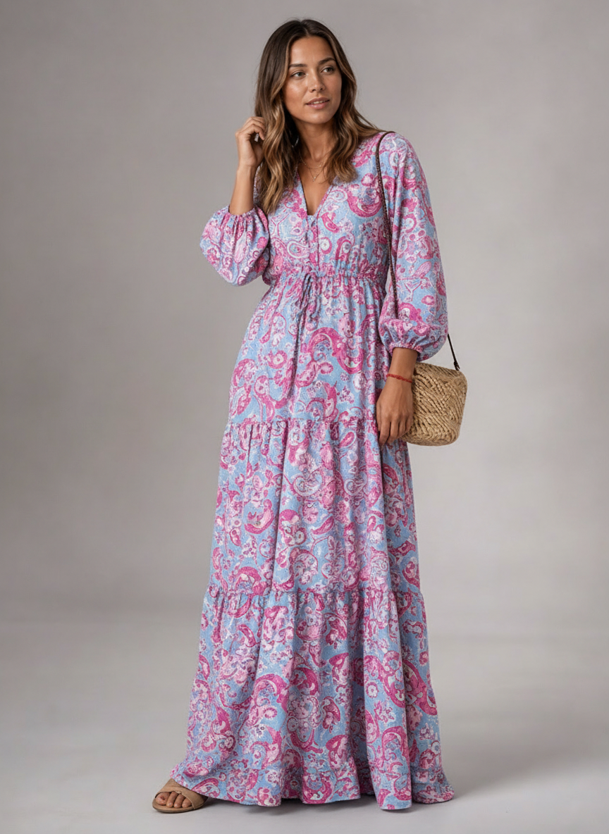 Robe Longue Décolleté V Floral - Look Élégant et Estival