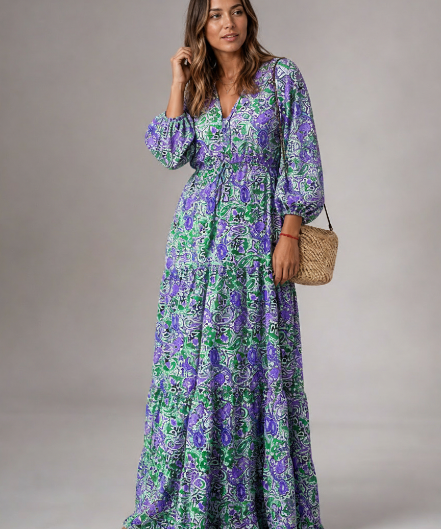Robe Longue Décolleté V Floral - Look Élégant et Estival
