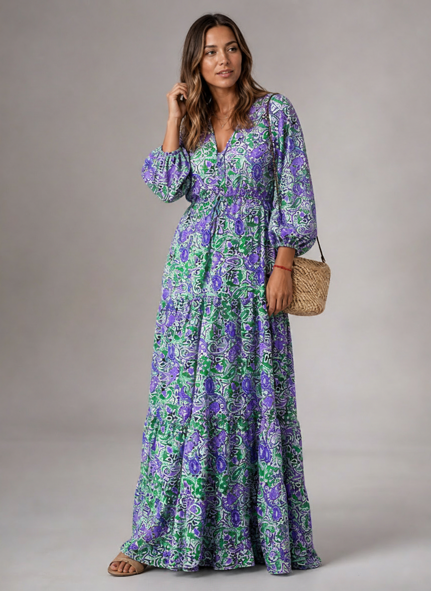 Robe Longue Décolleté V Floral - Look Élégant et Estival
