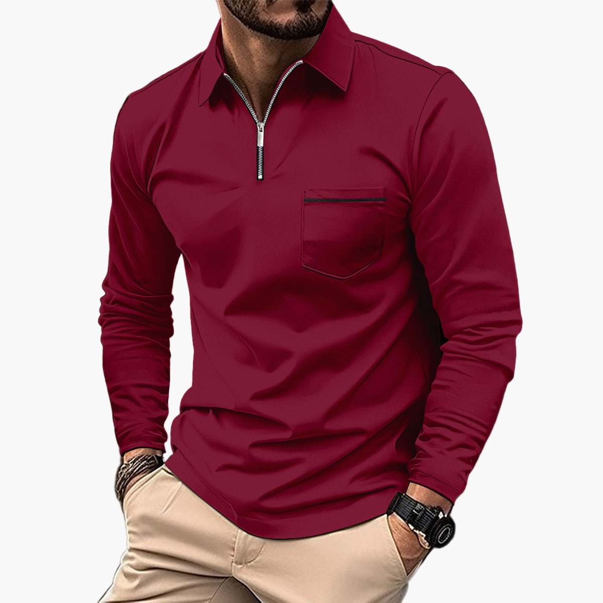 Polo à manches longues pour hommes avec poche poitrine