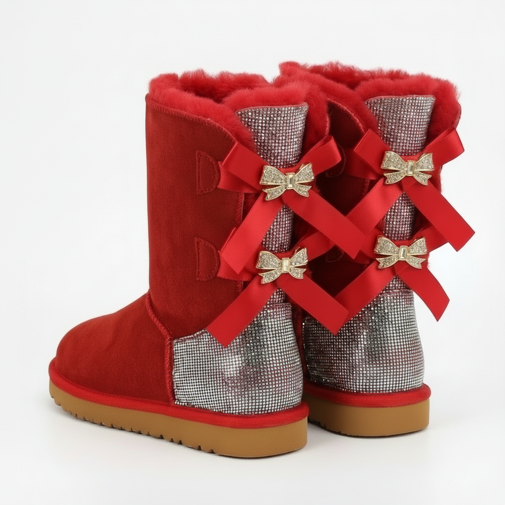 Sparkle Bow Boots Winter Suede Boots with Bow and Glittering Details
