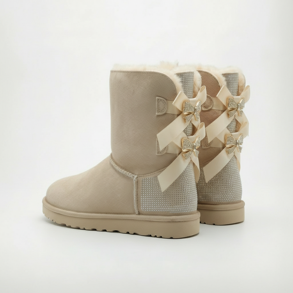 Sparkle Bow Boots Winter Suede Boots with Bow and Glittering Details