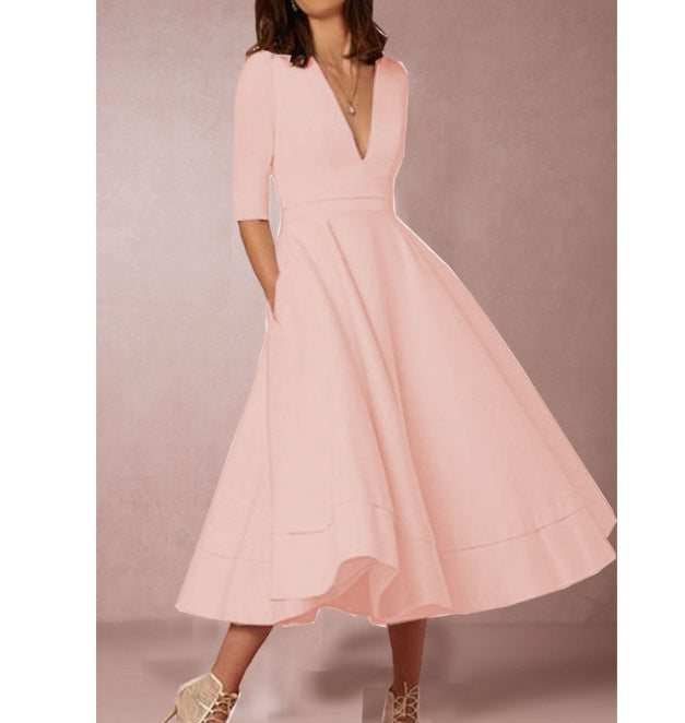 Robe miidi femme élégante – A-ligne, décolleté en V, manches 3/4