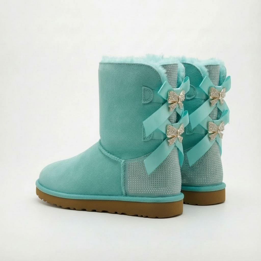 Sparkle Bow Boots Winter Suede Boots with Bow and Glittering Details