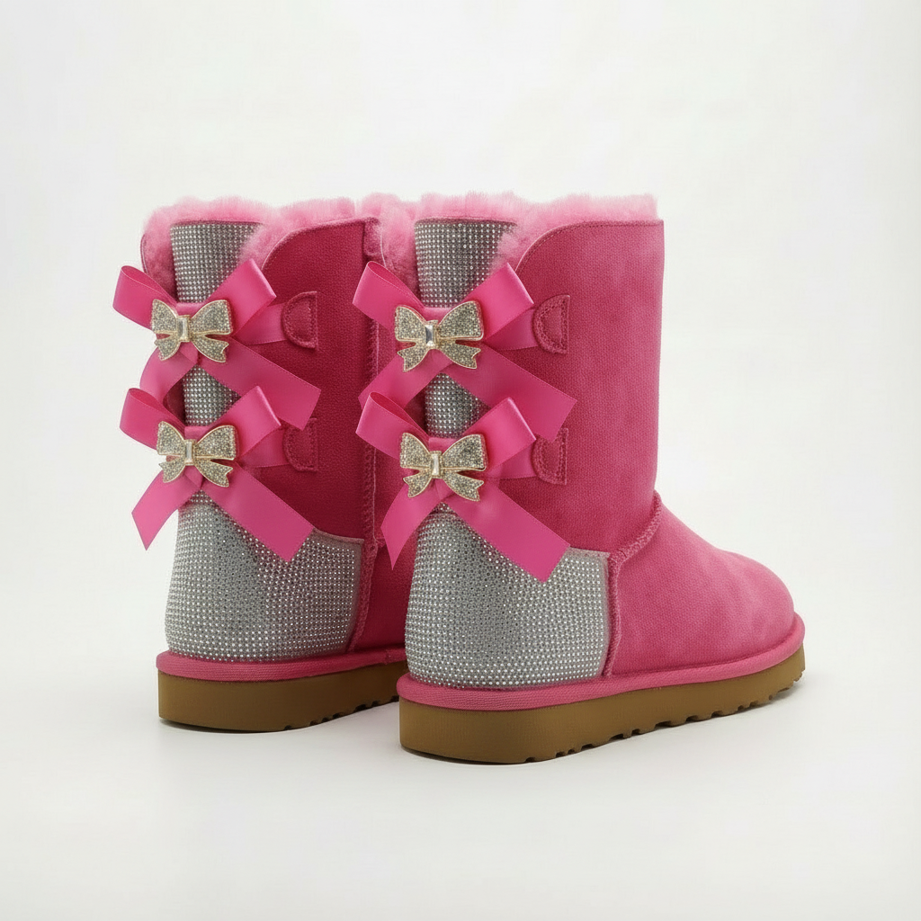Sparkle Bow Boots Winter Suede Boots with Bow and Glittering Details