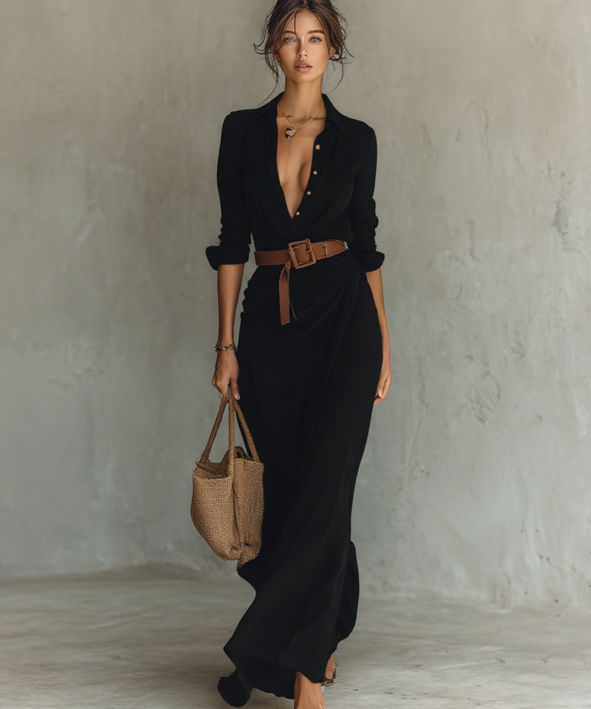 Robe Maxi Femme Ceinturée à Manches Longues avec Revers