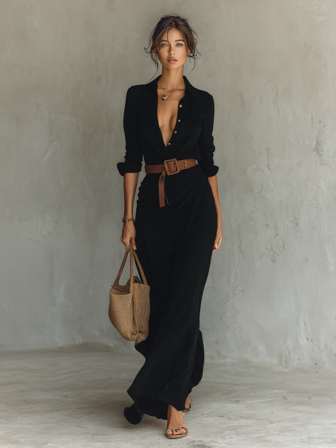 Robe Maxi Femme Ceinturée à Manches Longues avec Revers