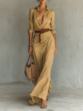 Robe Maxi Femme Ceinturée à Manches Longues avec Revers
