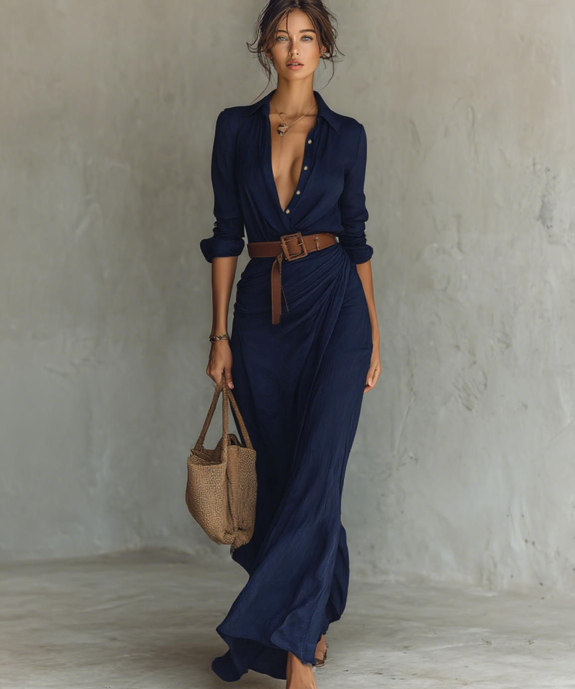 Robe Maxi Femme Ceinturée à Manches Longues avec Revers