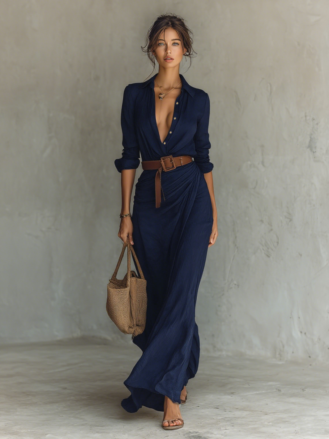 Robe Maxi Femme Ceinturée à Manches Longues avec Revers