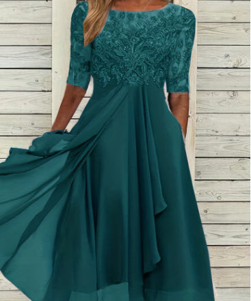 Robe midi chic en chiffon avec dentelle et manches