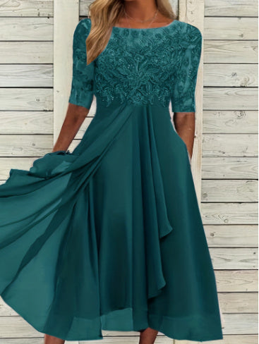 Robe midi chic en chiffon avec dentelle et manches