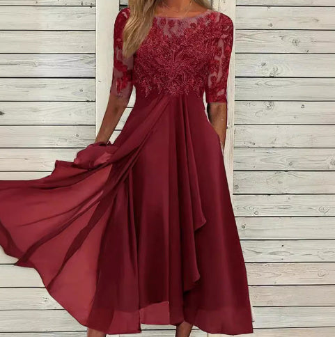 Robe midi chic en chiffon avec dentelle et manches