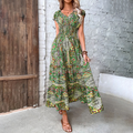 Robe Bohème Longue Élégante à Manches Courtes et Col V