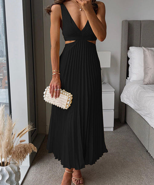 Élégante Robe Maxi Femme avec Encolure en V et Jupe Plissée
