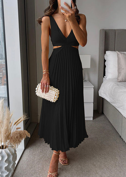 Élégante Robe Maxi Femme avec Encolure en V et Jupe Plissée
