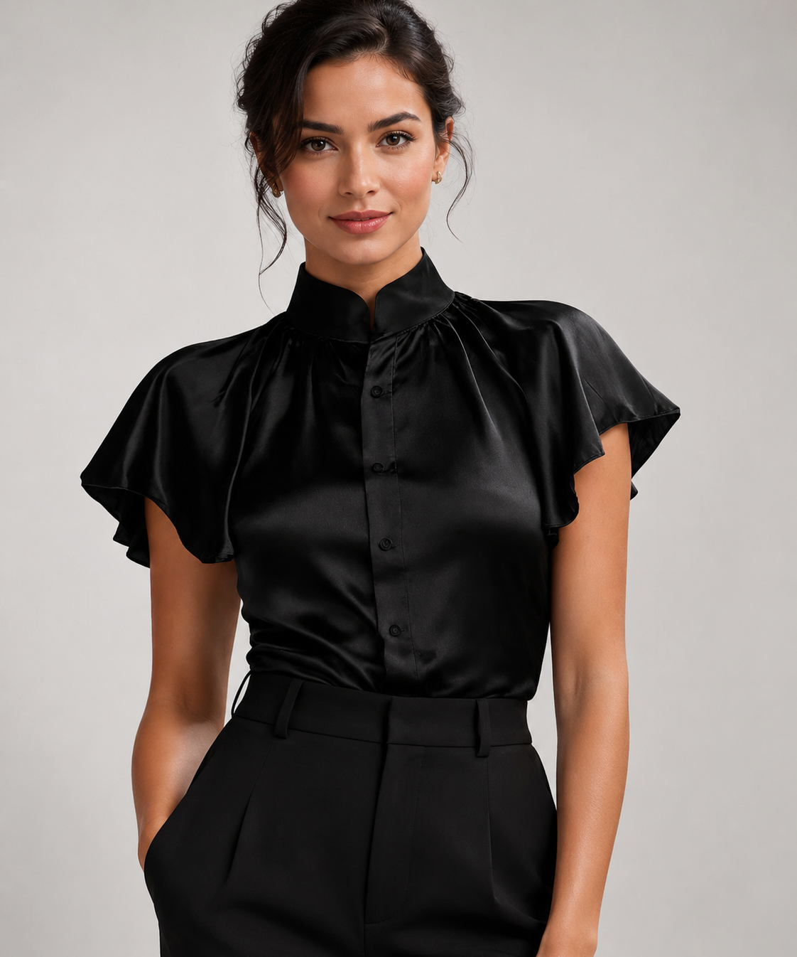 Blouse femme satinée – Col structuré, Manches à volants, Travail et sorties