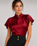 Blouse femme satinée – Col structuré, Manches à volants, Travail et sorties