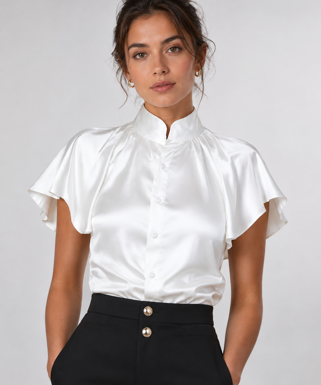 Blouse femme satinée – Col structuré, Manches à volants, Travail et sorties