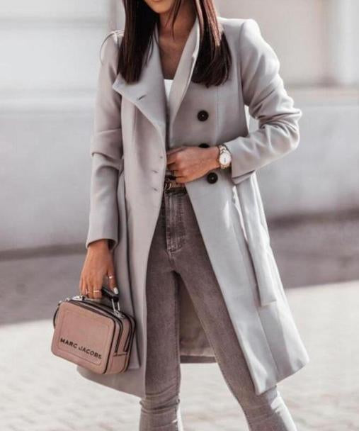 Manteau Long en Mélange de Laine pour Femmes avec Ceinture et Col Revers
