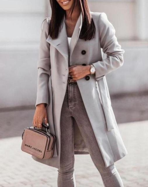 Manteau Long en Mélange de Laine pour Femmes avec Ceinture et Col Revers