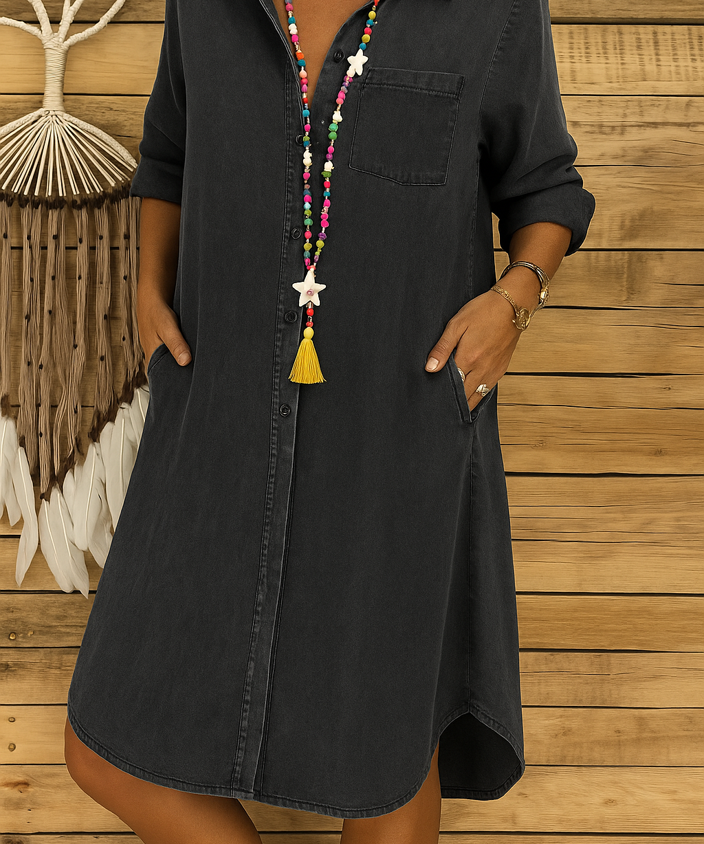 Robe Chemise Femme en Jean avec Boutons et Poches Poitrine